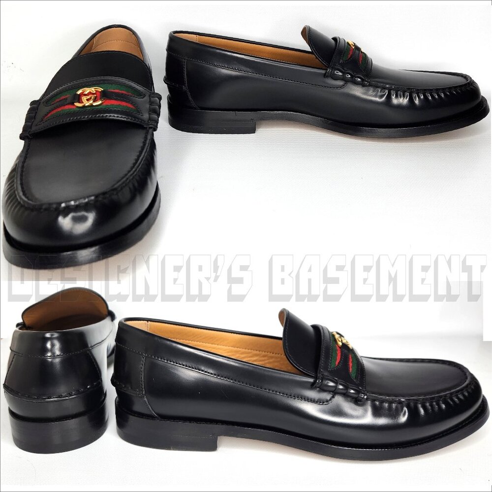 Gucci 13 black KAVEH polished Leather DOUBLE G WEB detail Loafer Shoes NIB - Picture 5 of 13
